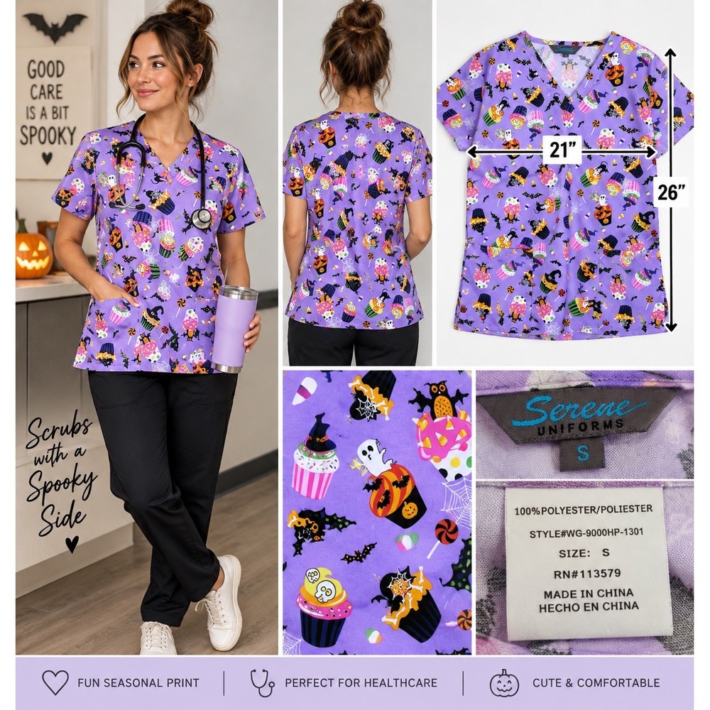 Serene Uniforms Scrub Top Womens Small Purple Excellent Halloween Cupcakes Bats